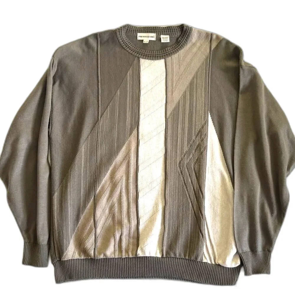 VTG 80s 90s Pronto Uomo Pullover Sweater Mens XL Long Sleeve Beige Tan Cream USA